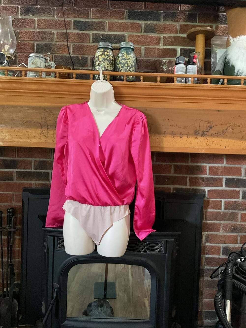 Shop Impressions Hot Pink Satin Long Sleeve Wrap Front Bodysuit